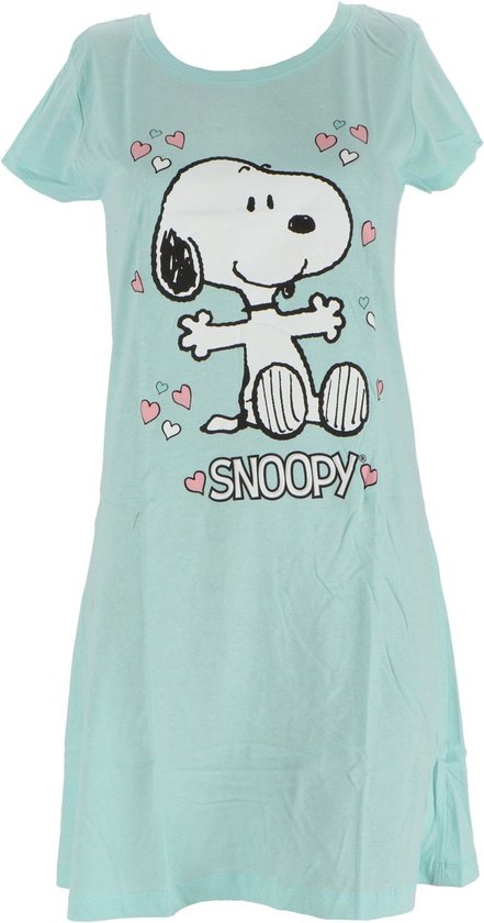 Chemise de nuit menthe avec Snoopy et imprimé cœur. Le texte 'Snoopy' est sous l'image.