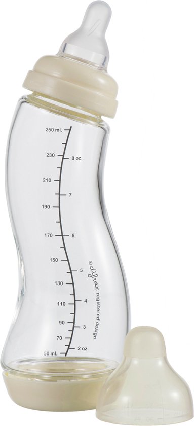 Difrax Glazen Baby S-fles 250 ml Natural - Cremewit - 1 Stuk, Baby fles met Anti-Colic, S-Vorm zorgt voor constante stroom