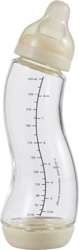 Difrax Glazen Baby S-fles 250 ml Natural - Cremewit - 1 Stuk, Baby fles met Anti-Colic, S-Vorm zorgt voor constante stroom