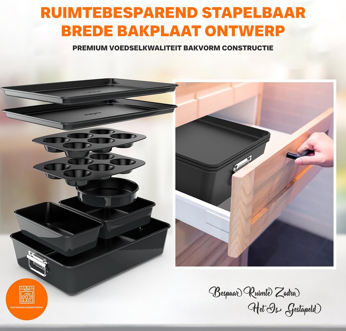 NutriChef ,8-delige Stapelbare Antiaanbak Bakvormenset - Premium Stalen Bakplaten set-Inclusief ronde Taartvorm, Muffinvormen met 6 Cupjes, Brede/Vierkante Bakvormen- Bakplaat en Braadslee – foto 2