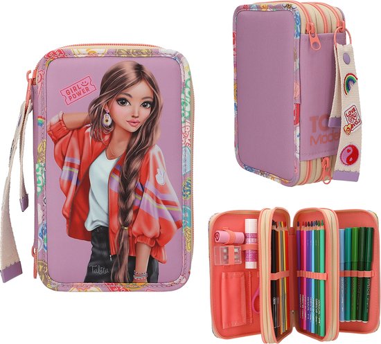 Trousse à Crayons TOPModel Girl Power - 3 Compartiments Remplie (Crayons, Feutres, Ciseaux...) - Violet, Pour École