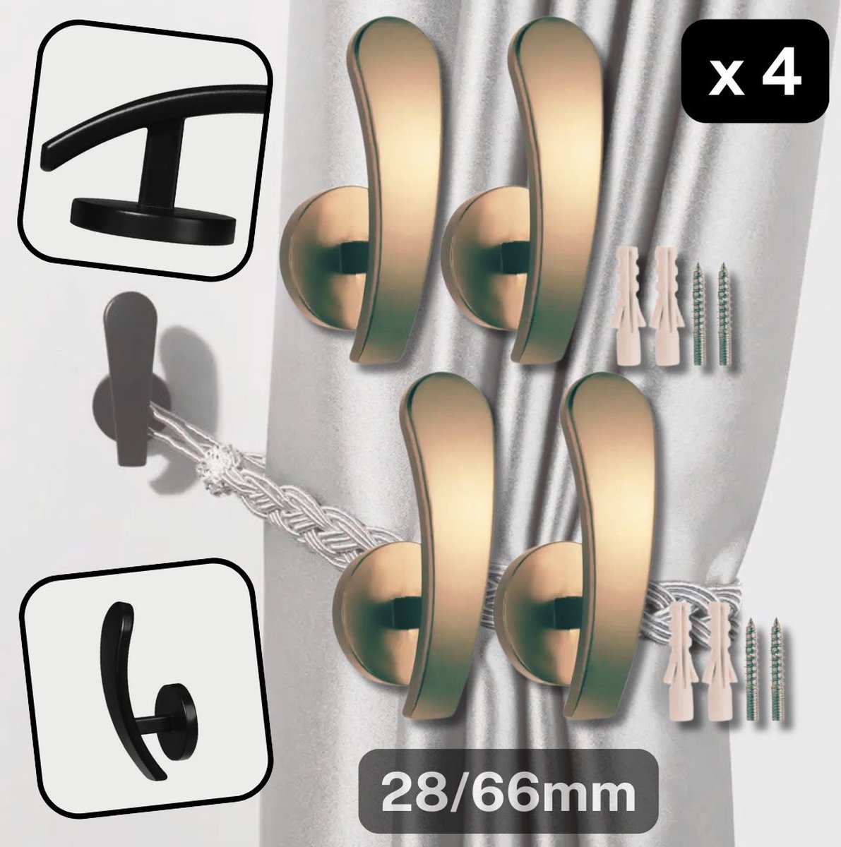 Set van 2 PAAR LUXE METALEN GORDIJNHOUDERS/EMBRASSES GORDIJN/GORDIJNHAKEN, Maat 28x66MM, Kleur MAT GOUD