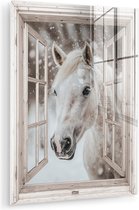 MuchoWow® Glasschilderij 120x160 cm - Schilderij acrylglas - Paard - Wit - Winter - Sneeuw - Doorkijk - Dieren - Foto op glas - Muurdecoratie woonkamer - Wanddecoratie slaapkamer - Schilderijen