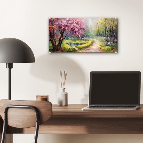 MuchoWow® Glasschilderij 40x20 cm - Schilderij acrylglas - Watercolor - Natuur - Bomen - Kunst - Bloemen - Foto op glas - Muurdecoratie woonkamer - Wanddecoratie slaapkamer - Schilderijen