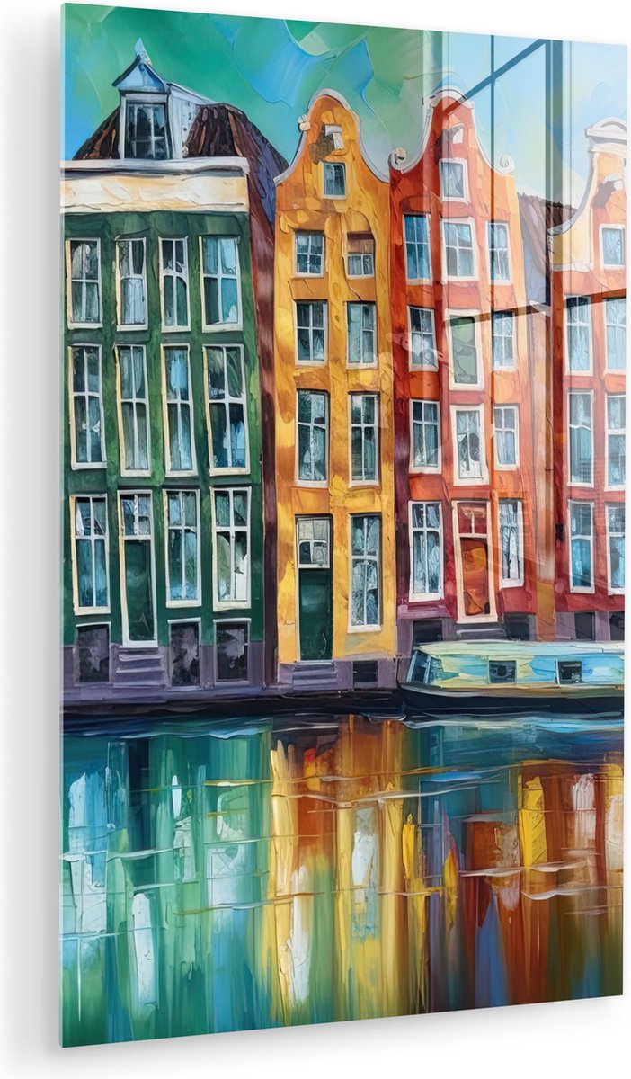 MuchoWow® Glasschilderij 80x120 cm - Schilderij acrylglas - Amsterdam - Olieverf - Gracht - Schilderij - Kunst - Foto op glas - Muurdecoratie woonkamer - Wanddecoratie slaapkamer - Schilderijen