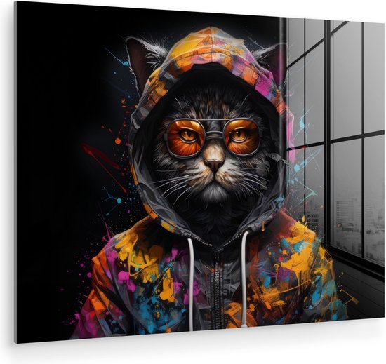MuchoWow® Tableau sur verre 120x90 cm - Tableau sur verre acrylique - Chat - Manteau - Graffiti - Lunettes - Zwart - Photo sur verre - Décoration murale salon - Décoration murale chambre - Peintures