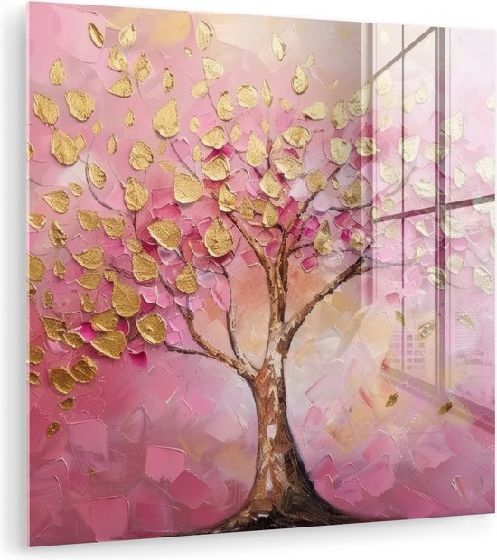MuchoWow® Glasschilderij 20x20 cm - Schilderij acrylglas - Boom - Roze - Goud - Modern - Foto op glas - Muurdecoratie woonkamer - Wanddecoratie slaapkamer - Schilderijen