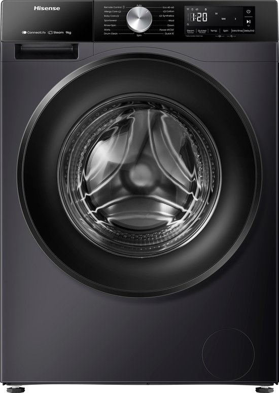 Hisense 3S Serie WF3S9043BB3 - Zwarte Wasmachine met Energielabel A -30% - 9kg - 72dB (A) - Steam Wash -1400 toeren - Power Wash 49' - ConnectLife