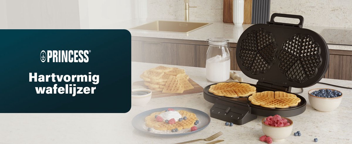 Princess Dubbel Wafelijzer - 10 Hartwafels - 1200 Watt - Met Regelbare Thermostaat Zwart Cool Touch Handvatten Indicatielampje
