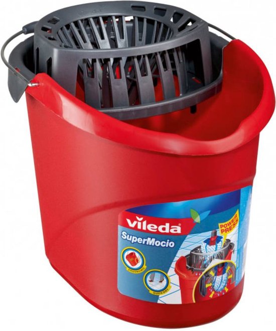 Rode Vileda SuperMocio emmer met grijze pers en rode sticker.