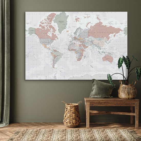 Décoration murale Métal - Aluminium - Wereldkaart - Vintage - Pastel - 150x100 cm