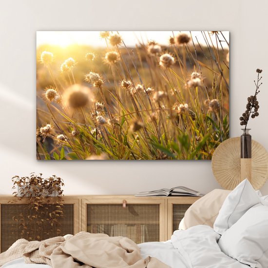 Une peinture d'une fleur séchée en gros plan avec le soleil en arrière-plan.