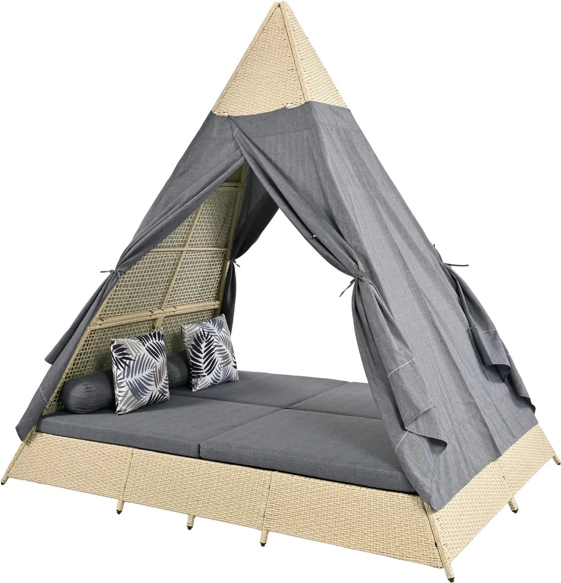 Rustive Rotan Tent - Tuinloungeset - Voor 2 tot 4 Personen - Incl. Kussens en Zitkussens - Grijze Deurgordijn - 231x161x231cm