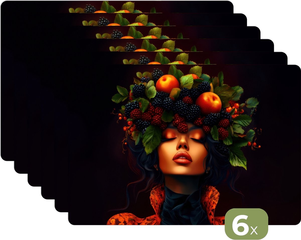 Placemats - 6 stuks - 45x30 cm - Placemat kunststof - Vrouw - Zwart - Bessen - Bramen - Appels - Borden onderleggers - Decoratie voor op tafel - Keuken tafeldecoratie accessoires - Vinyl onderlegger - Tafelversiering