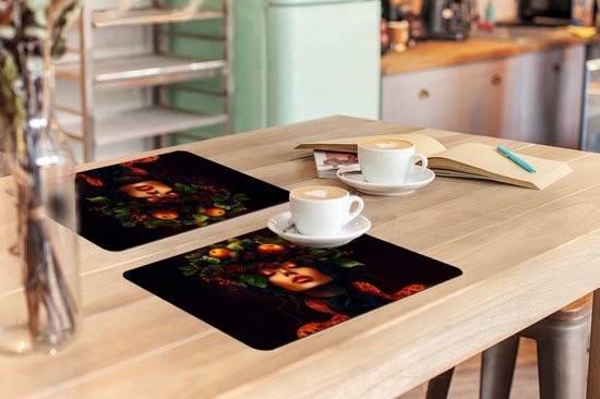 Sets de table - 6 pièces - 45x30 cm - Set de table en plastique - Femme - Noir - Baies - Pommes - Dessous de plat - Décoration de table - Accessoires de décoration de table de cuisine