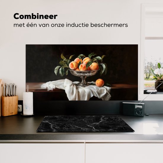 Crédence de Cuisinière en Aluminium 100x50 cm - Nature morte - Pêches - Vintage - Écran Pare-éclaboussures pour Plaque de Cuisson - Protection Murale