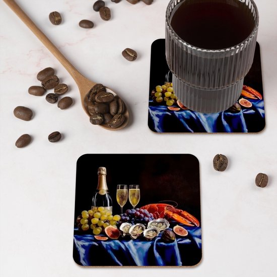Dessous de verre Champagne - Luxe - Huîtres - 10x10 cm - 6 morceaux - Sous pour Verres et Tasses