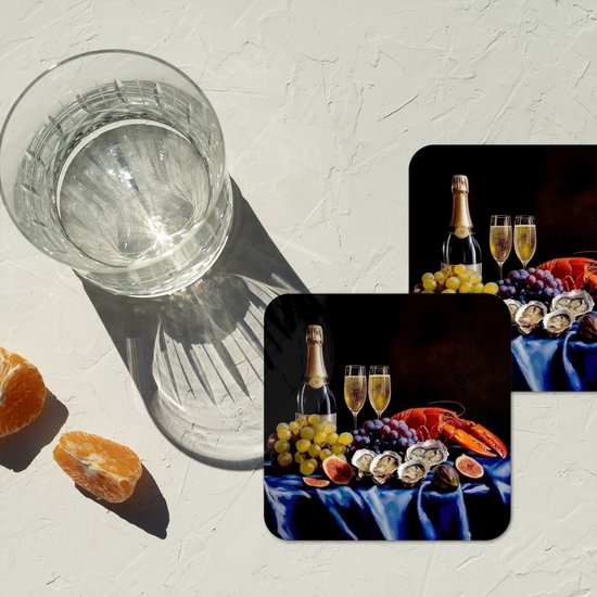 Dessous de verre Champagne - Luxe - Huîtres - 10x10 cm - 6 morceaux - Sous pour Verres et Tasses