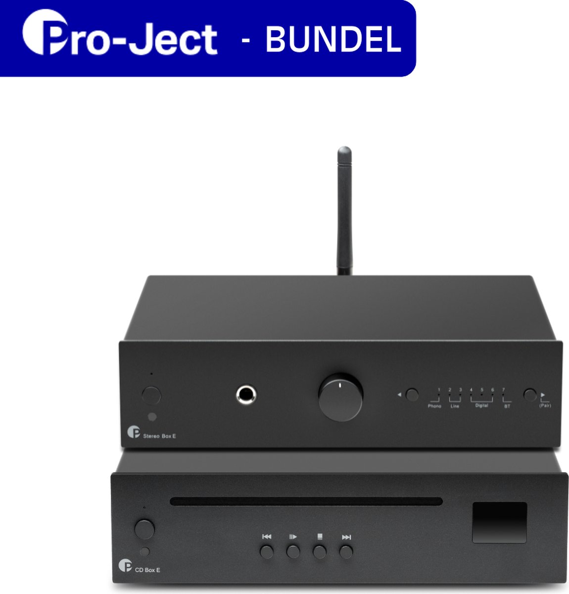 Pro-Ject Stereo Box E Versterker & CD Box E CD-speler - Bundel - Complete HiFi-ervaring - Hoogwaardige Geluidskwaliteit – Compact design – Zwart/ Zwart