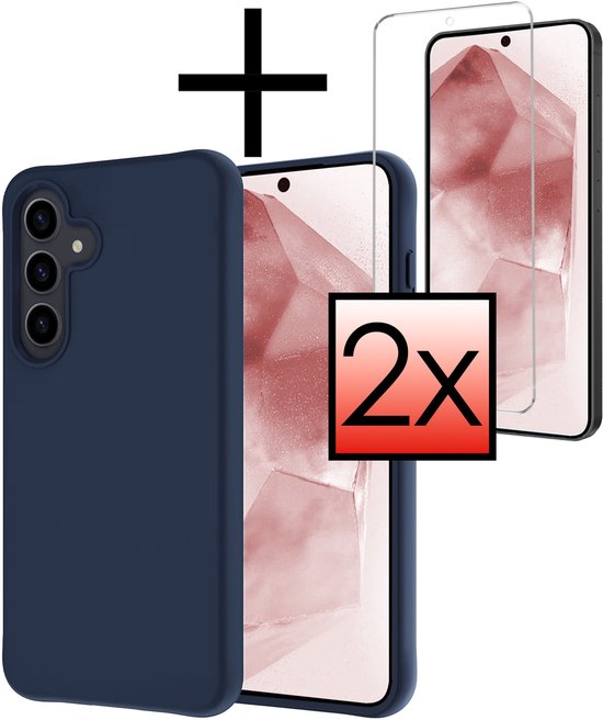 Coque de téléphone bleu foncé et deux protecteurs d'écran, indiqués par '2x'.