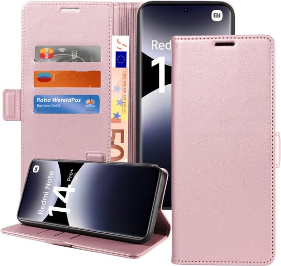 Étui portefeuille rose avec cartes de crédit, un billet et un téléphone Xiaomi rouge.