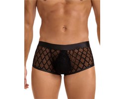 Zwarte heren boxershorts met doorzichtige mesh - maat M/L - mens sexy sheer black boxer underwear - trendy heren ondergoed erotiek - BDSM - clubwear latex mannen