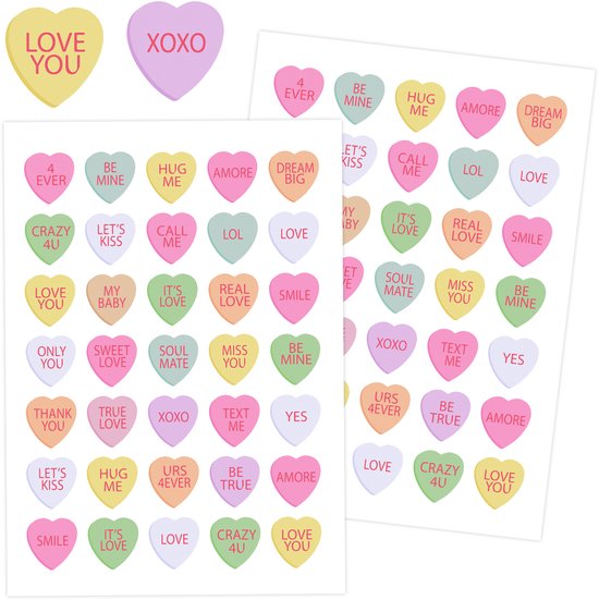Foto: Snoep hartjes stickers 2 stickervellen stickers snoephartjes snoephartjes stickers voor volwassenen stickers voor kinderen stickers voor meisjes hartjes stickers valentijn leuke stickers stickers hartjes