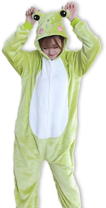 BoefieBoef Kinder Onesie Kikker – Warme Dieren Pyjama 5-9 Jaar – Fluffy Verkleedpak & Fleece Huispak – Jongens & Meisjes – Zwemles Pyjama – Carnaval, Halloween & Sinterklaas Cadeau – Jumpsuit met Capuchon – 115-130 cm - Groen