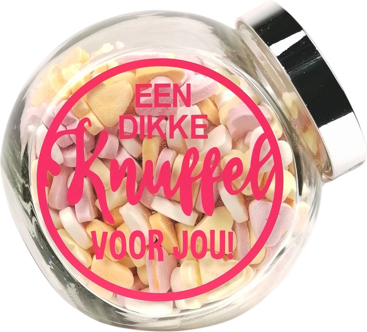 Snoeppot Gevuld met Hartjes Snoep | Tekst: 'Een dikke knuffel voor jou' | Cadeau Vrouw/Man | Valentijn & Moederdag | Zomaar | Beterschap | Sterkte | Liefdevol cadeau