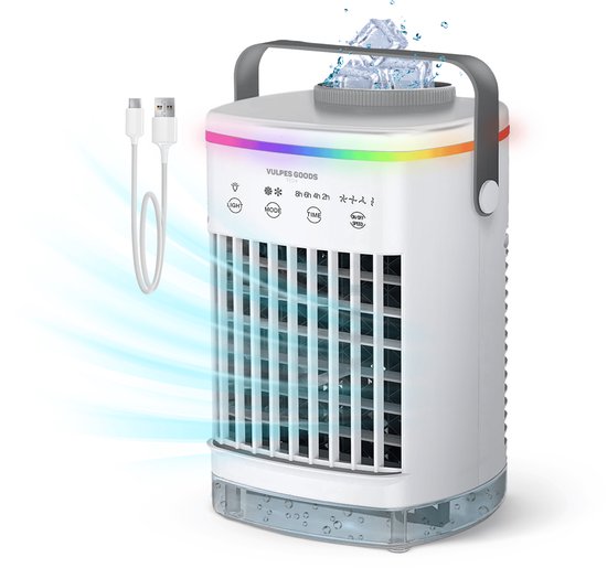 Vulpes Goods® Tech - Mini Airco PRO - Mobiele Airco - Luchtkoeler 4in1 - Aircooler - Tafelventilator - 4 windsnelheden, 2 luchtbevochtingsstanden & timer - Lekvrij - Limited Edition