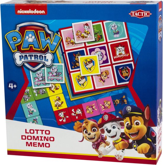 Doos van het Paw Patrol Lotto Domino Memo spel, met afbeeldingen van Chase, Marshall, Skye, Rubble, Everest.