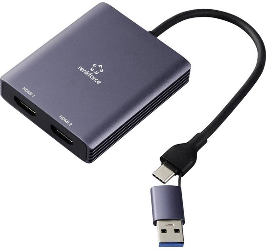 Adaptateur USB-C / HDMI Renkforce RF-6418198 [1x USB-A, USB-C - 2x HDMI] Grijs 4K UHD 15 cm