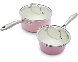 GreenLife Artisan Steelpannenset 4-delig - 1.1/1.9L - PFAS-vrije antikleeflaag - Pannenset inductie - Keramische pan - Ovenbestendig tot 220°C - Met glazen deksel - Roze
