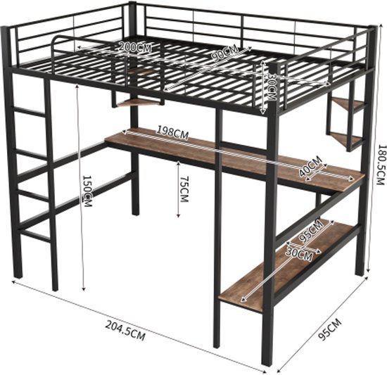 Hoogslaper, 90 x 200 cm, zonder matras, bed met bureau, planken, leuningen, ladder, ijzeren frame, zwart Hoogslaper, 90 x 200 cm, zonder matras, bed met bureau, planken, leuningen, ladder, ijzeren frame, zwart