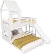 Bol.com Merax Kinderbed Huisvorm met Glijbaan en Dak – Stapelbed 90x200 en 140x200 cm – Houten Bed met Raam en Valbeveiliging – ... aanbieding