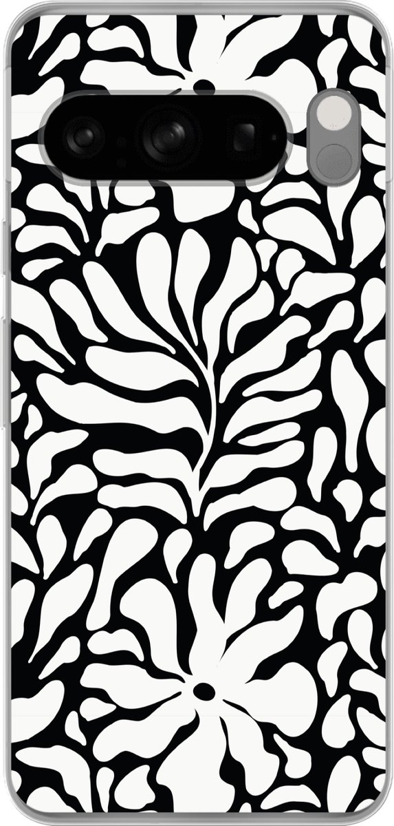 Telefoonhoesje Geschikt voor Google Pixel 8 Pro hoesje - Bloemen print - Zwart - Wit - Bladeren - Siliconen Telefoonhoesje Telefoonhoesje