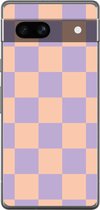 Coque de téléphone compatible avec Google Pixel 7a - Motif damier - Violet - Rose - Blocs - Coque en Siliconen