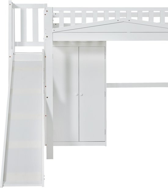 Lit mezzanine Sweiko - 90x200 cm - avec table + armoire + toboggan - Pin + MDF - Wit