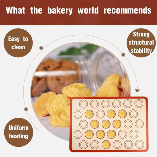 Bakmat met 30 cirkels, naast koekjes in een pot en met tekst: "What the bakery world recommends", "Easy to clean", "Uniform heating", "Strong structural stability".