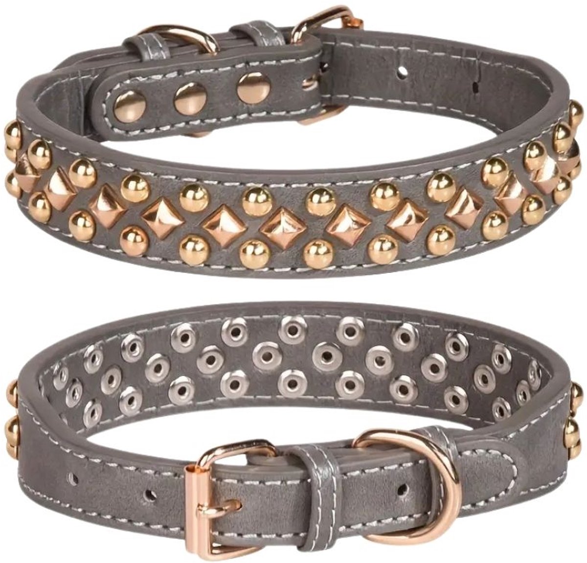 Hondenhalsband Grijs Leer met Studs - Leren Hondenhalsband met Studs - Grijs - Maat M - Luxe stevige hondenhalsband -Petshop Seven®