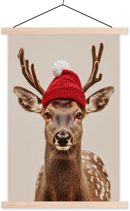 Support pour affiches avec affiche 60 x 90 cm - Affiche scolaire - Cerf - Noël - Chapeau - Animaux - Hiver - Drôle - Affiche textile - Lattes vierges