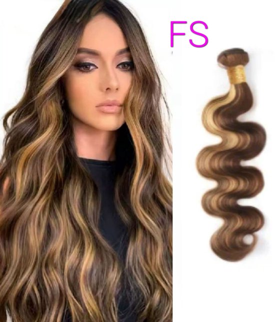 frazimashop - Braziliaanse Remy weave - 20 inch 50 cm - Human hair Body Wave hair extensions -1 stuk bundel golf haar mix kleur #4/27