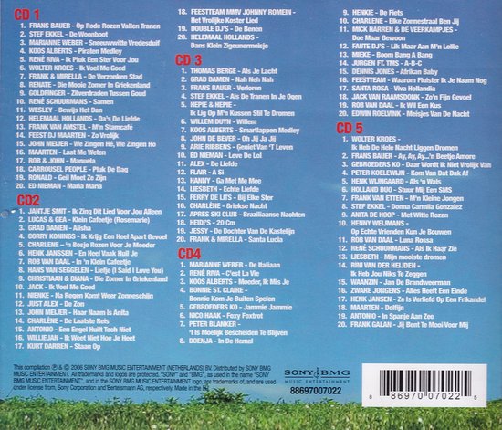 Achterkant CD-hoes met tracklist van 100 grootste piratenhits aller tijden, verdeeld over CD1, CD2, CD3, CD4 en CD5.