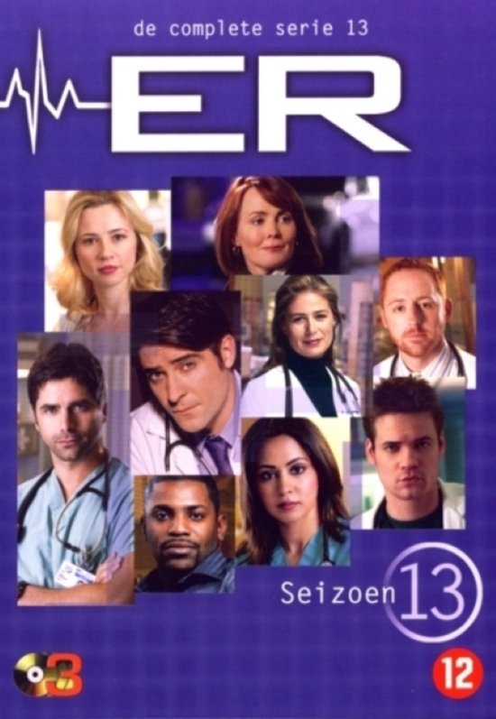 De complete serie ER, seizoen 13. Portretten van acteurs met ziekenhuisuniformen en de tekst 'Seizoen 13'.