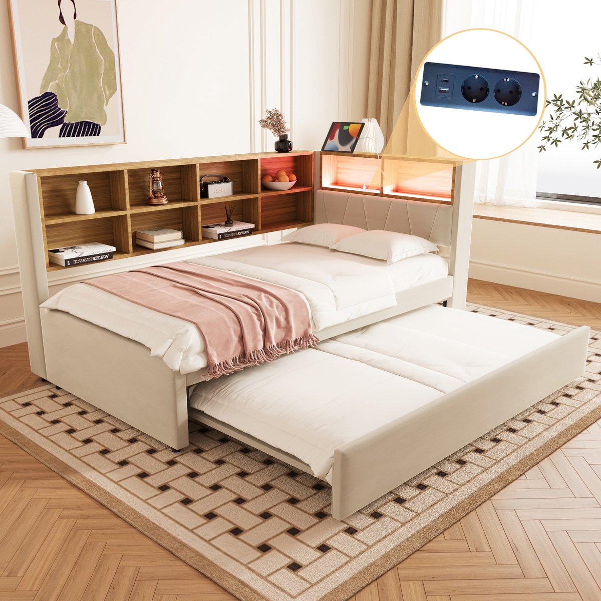 Sweiko Slaapbank - 90*200cm - met Uittrekbaar bed - LED verlichting + oplaadpoort + opbergvak - Flanel - Beige