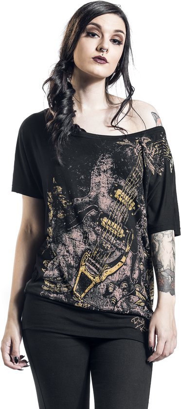Zwart T-shirt met wijde hals en verweerde gitaarprint in geel en roze. Rock Rebel logo rechtsonder.