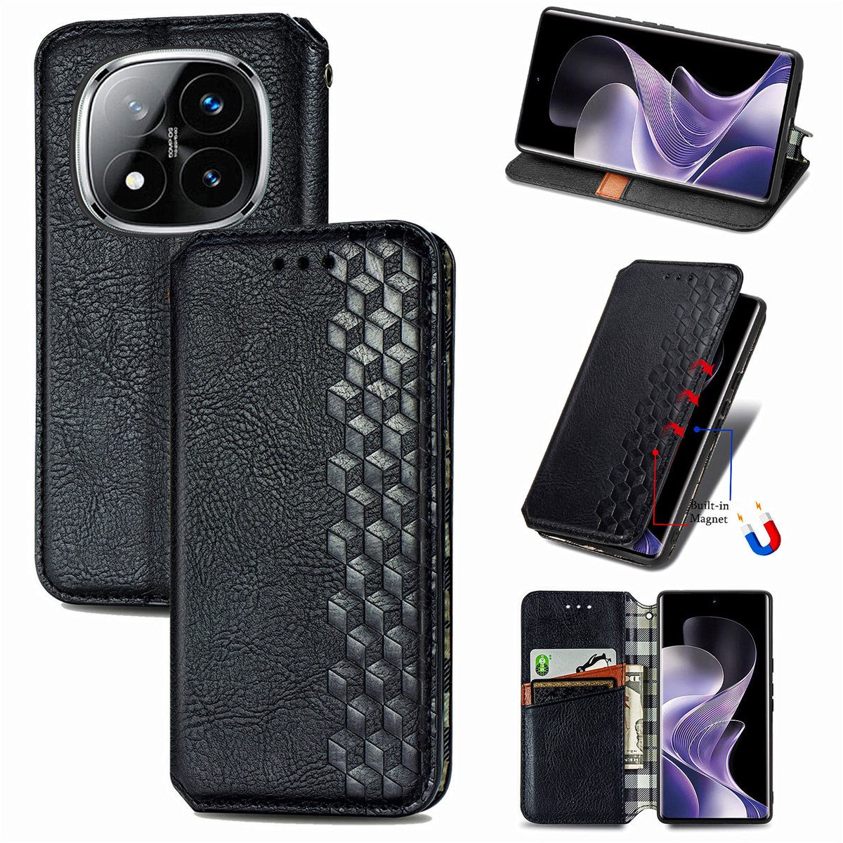 Luxe PU Lederen Ruitpatroon Wallet Case + Screenprotector voor Xiaomi Poco X7 _ Zwart