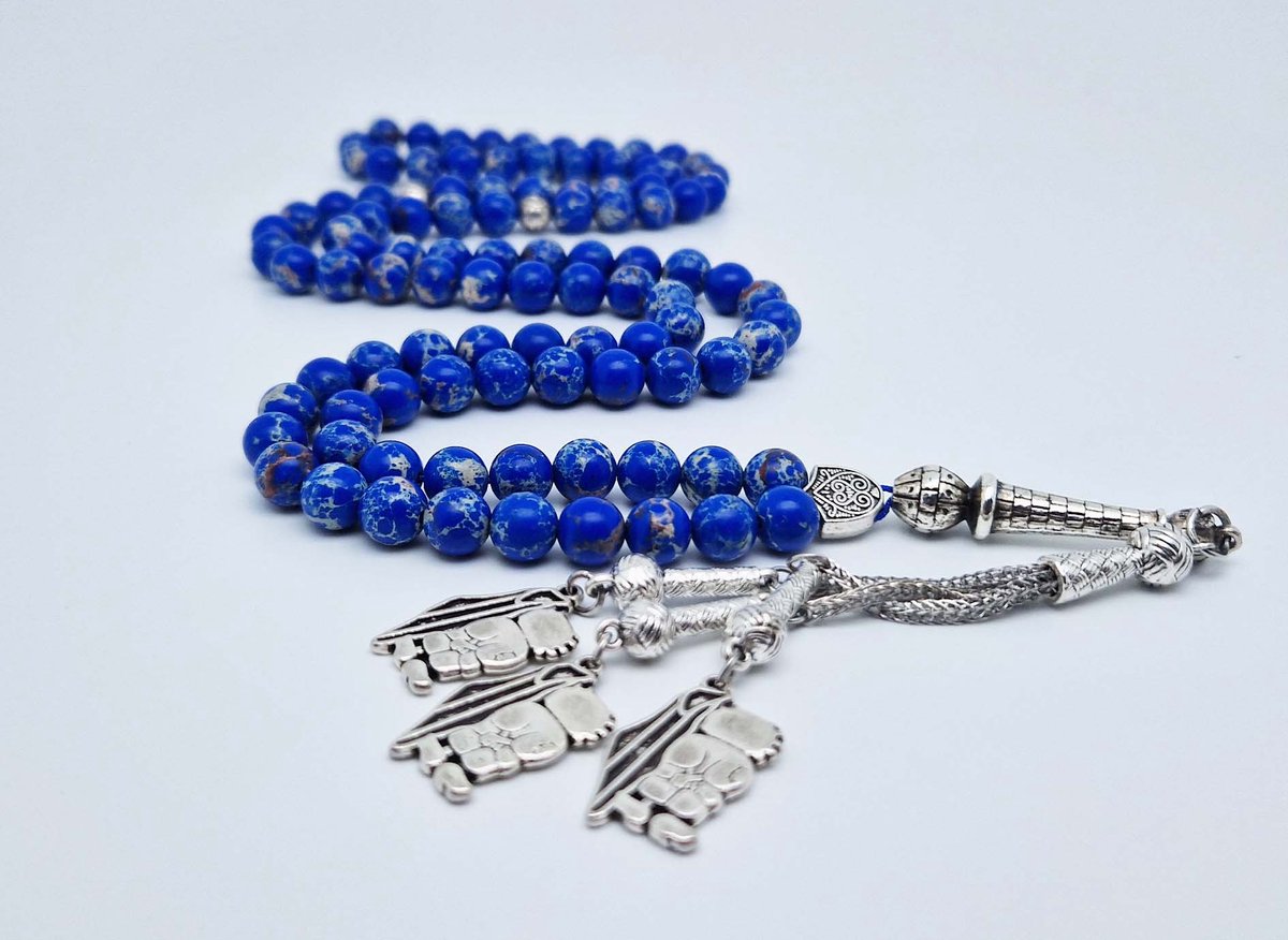 Handgemaakte tesbih "Tasbih" natuursteen " Lapis Lazuli" - Aantal kralen 99 - Diameter kralen 8MM - met metaal tassel "Hanzala" - Een mooi cadeau-idee
