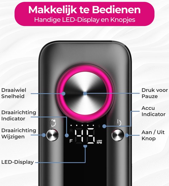 Gedetailleerde weergave van het LED-display en de knoppen van een FOOCCA nagelfrees.
