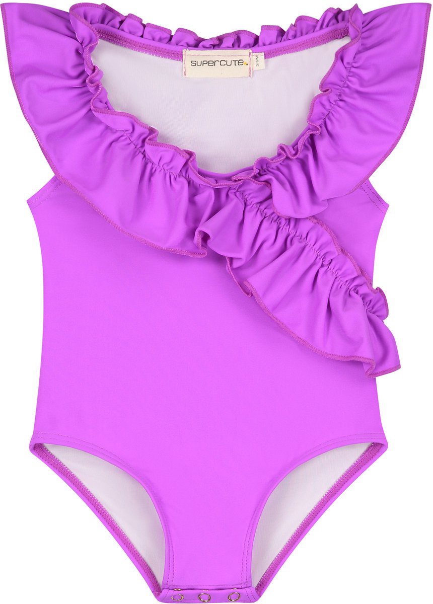 Supercute baby badpak paars met ruffels en goudkleurige drukknoopjes maat 86/92